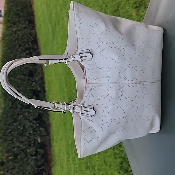 Coach Handbags - Coach White. Perforated Leather Signature Carly Tote F16598 Bag